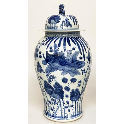 117 - CHINESE VASE, 37cm H, blue and white, with cover, together with a large dragon patterned ginger jar,... 