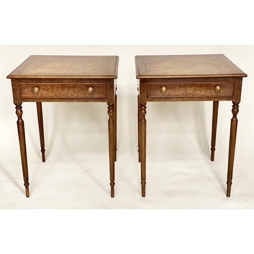 120 - LAMP TABLES, a pair, George III design burr walnut and crossbanded each with frieze drawer and turne... 