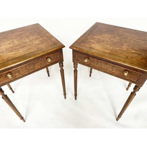 120 - LAMP TABLES, a pair, George III design burr walnut and crossbanded each with frieze drawer and turne... 