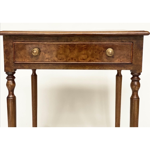 120 - LAMP TABLES, a pair, George III design burr walnut and crossbanded each with frieze drawer and turne... 