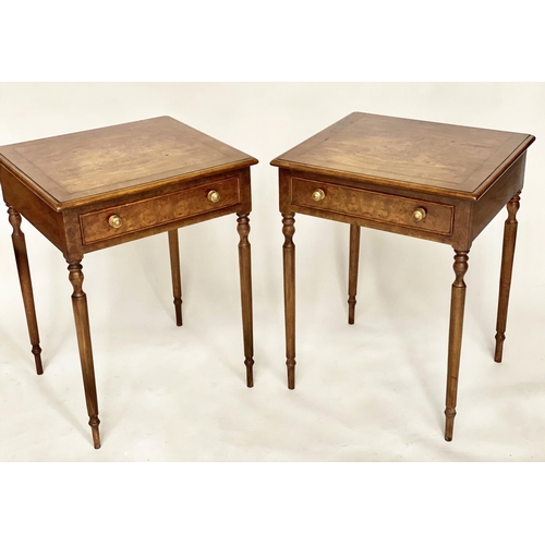 120 - LAMP TABLES, a pair, George III design burr walnut and crossbanded each with frieze drawer and turne... 