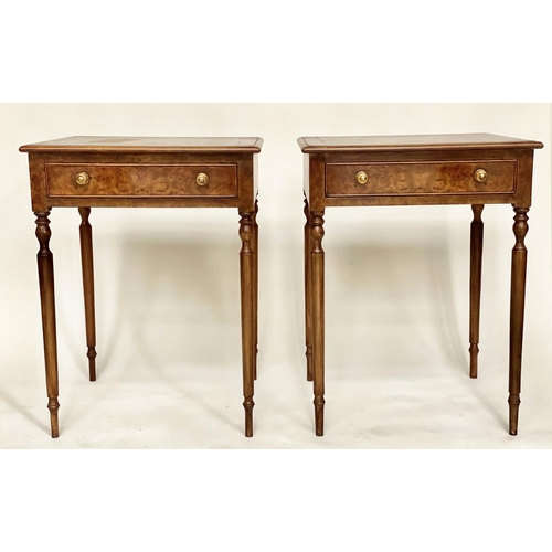 120 - LAMP TABLES, a pair, George III design burr walnut and crossbanded each with frieze drawer and turne... 