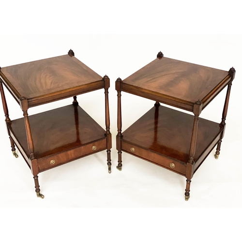 125 - LAMP TABLES, a pair, George III design flame mahogany each with two tiers and drawer, 45cm x 45cm x ... 