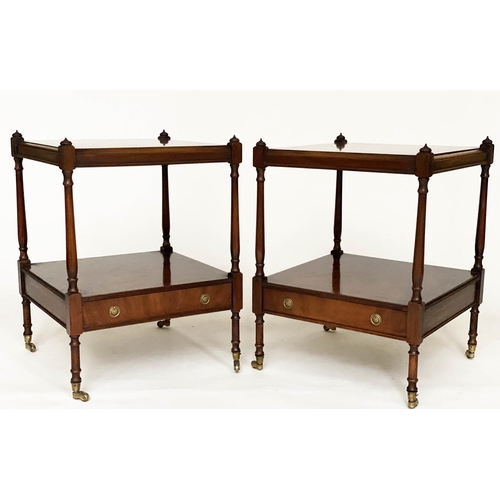 125 - LAMP TABLES, a pair, George III design flame mahogany each with two tiers and drawer, 45cm x 45cm x ... 