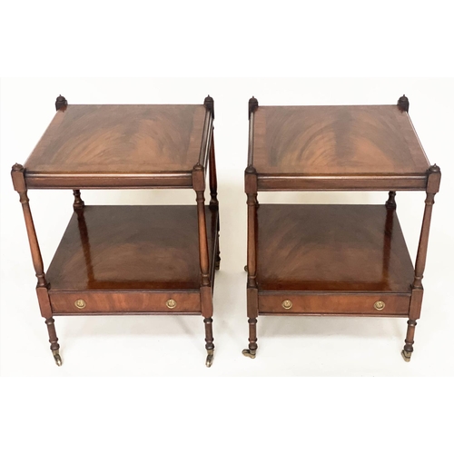 125 - LAMP TABLES, a pair, George III design flame mahogany each with two tiers and drawer, 45cm x 45cm x ... 