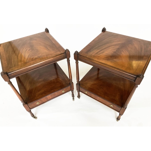 125 - LAMP TABLES, a pair, George III design flame mahogany each with two tiers and drawer, 45cm x 45cm x ... 