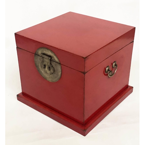 130 - TRUNK, 55cm sq. x 50cm H, Chinese export, early 20th century, scarlet lacquered and silver metal mou... 