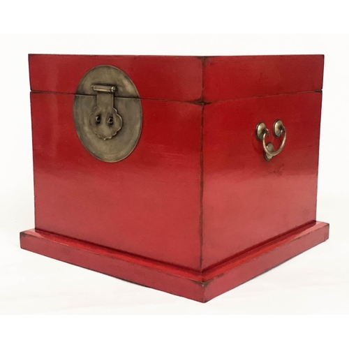 130 - TRUNK, 55cm sq. x 50cm H, Chinese export, early 20th century, scarlet lacquered and silver metal mou... 