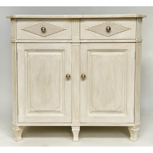 131 - GUSTAVIAN STYLE CABINET, 103cm W x 56cm D x 97cm H, Swedish traditionally, grey painted, with two fr... 