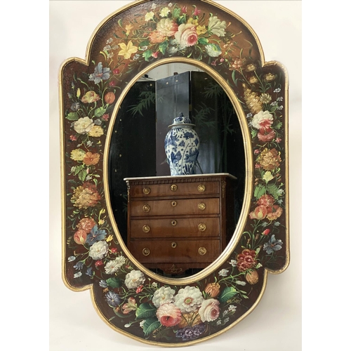 132 - PAINTED WALL MIRROR, 1950's style shaped oval hand painted broad floral frame, 80cm x 120cm H.