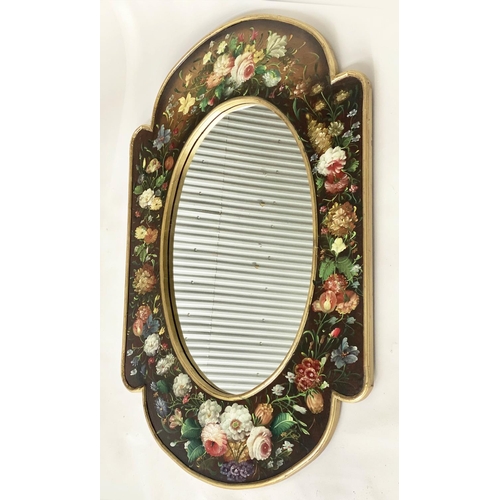 132 - PAINTED WALL MIRROR, 1950's style shaped oval hand painted broad floral frame, 80cm x 120cm H.