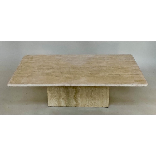 134 - TRAVERTINE LOW TABLE, 120cm W x 69cm D x 37cm H, 1970's Italian marble, rounded rectangular top on c... 