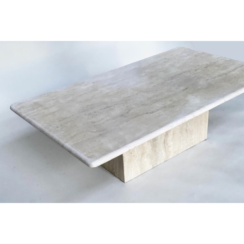 134 - TRAVERTINE LOW TABLE, 120cm W x 69cm D x 37cm H, 1970's Italian marble, rounded rectangular top on c... 