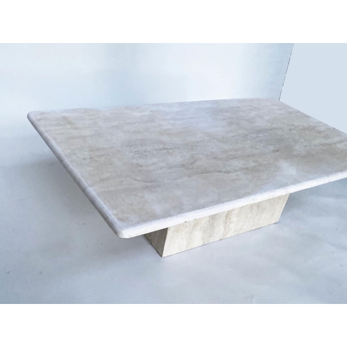 134 - TRAVERTINE LOW TABLE, 120cm W x 69cm D x 37cm H, 1970's Italian marble, rounded rectangular top on c... 