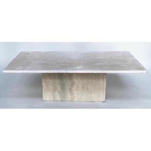 134 - TRAVERTINE LOW TABLE, 120cm W x 69cm D x 37cm H, 1970's Italian marble, rounded rectangular top on c... 