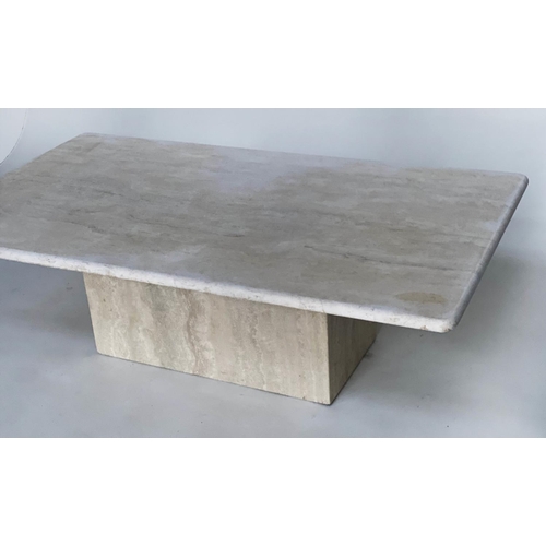 134 - TRAVERTINE LOW TABLE, 120cm W x 69cm D x 37cm H, 1970's Italian marble, rounded rectangular top on c... 