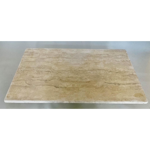 134 - TRAVERTINE LOW TABLE, 120cm W x 69cm D x 37cm H, 1970's Italian marble, rounded rectangular top on c... 