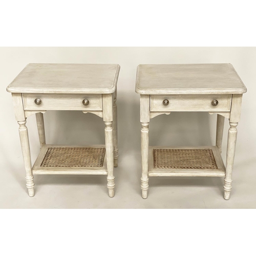 135 - LAMP TABLES, a pair, 49cm x 38cm D x 62cm H, grey painted, each with drawer and cane panelled undert... 