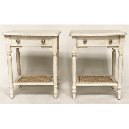 135 - LAMP TABLES, a pair, 49cm x 38cm D x 62cm H, grey painted, each with drawer and cane panelled undert... 