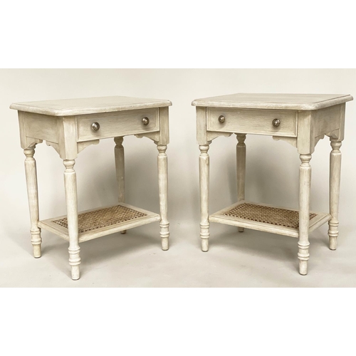 135 - LAMP TABLES, a pair, 49cm x 38cm D x 62cm H, grey painted, each with drawer and cane panelled undert... 