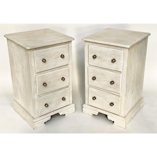 137 - BEDSIDE CHESTS, a pair, grey painted each with three drawers, 46cm x 46cm x 78cm H. (2)