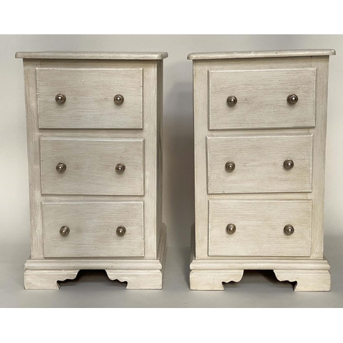 137 - BEDSIDE CHESTS, a pair, grey painted each with three drawers, 46cm x 46cm x 78cm H. (2)