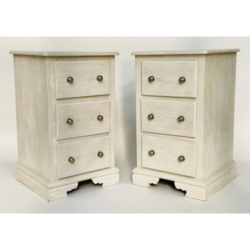 137 - BEDSIDE CHESTS, a pair, grey painted each with three drawers, 46cm x 46cm x 78cm H. (2)