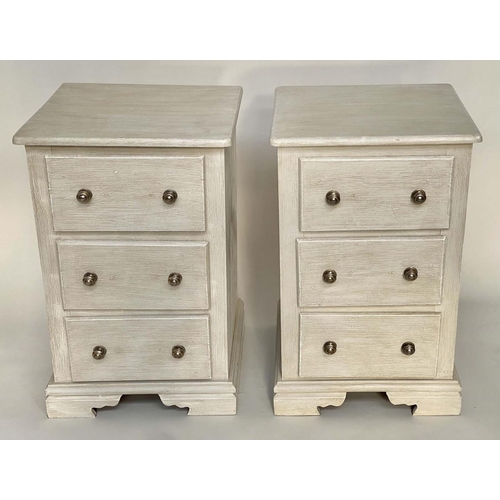 137 - BEDSIDE CHESTS, a pair, grey painted each with three drawers, 46cm x 46cm x 78cm H. (2)