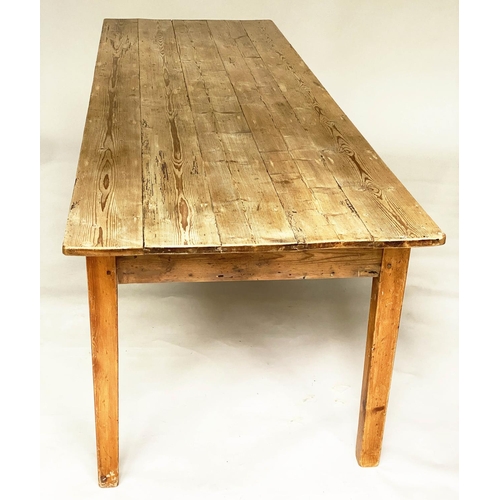 142 - HARVEST DINING TABLE, 84cm D x 274cm W x 77cm H, antique pine planked, with square tapering supports... 