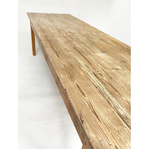 142 - HARVEST DINING TABLE, 84cm D x 274cm W x 77cm H, antique pine planked, with square tapering supports... 