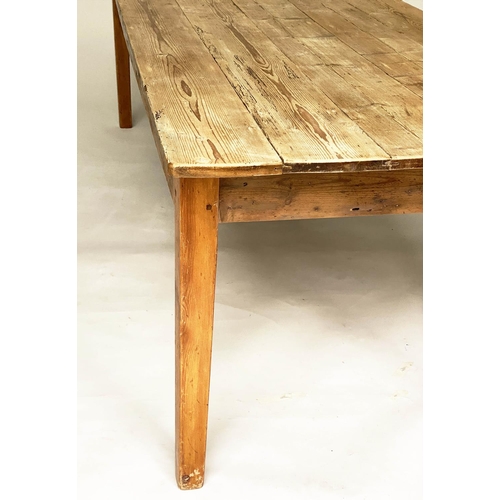 142 - HARVEST DINING TABLE, 84cm D x 274cm W x 77cm H, antique pine planked, with square tapering supports... 