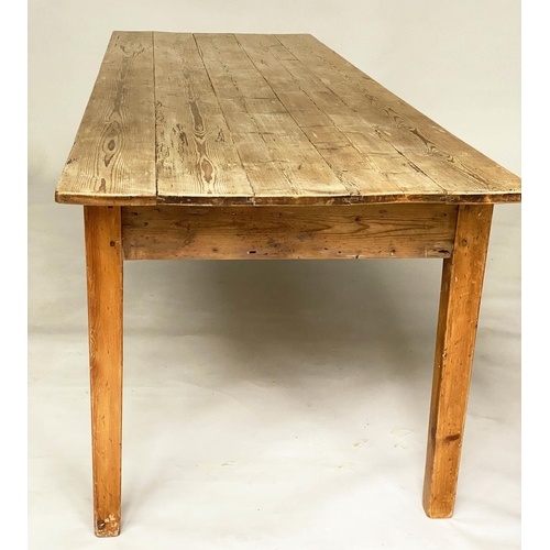 142 - HARVEST DINING TABLE, 84cm D x 274cm W x 77cm H, antique pine planked, with square tapering supports... 