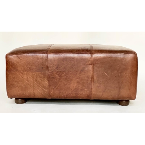 143 - WINDOW SEAT, stitched brown leather, 39cm H x 90cm W x 60cm D.