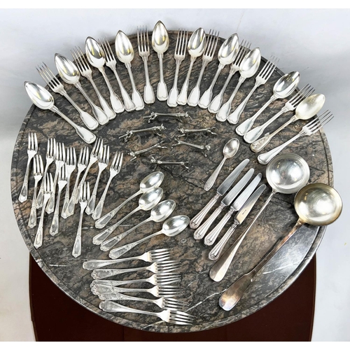 15 - QUANTITY OF FRENCH SILVER PLATED FLATWARE, including a Christofle ladle, animal knife rests and vari... 