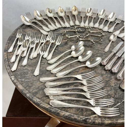 15 - QUANTITY OF FRENCH SILVER PLATED FLATWARE, including a Christofle ladle, animal knife rests and vari... 