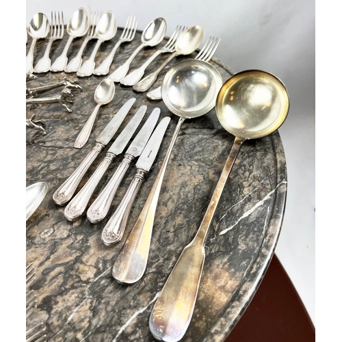 15 - QUANTITY OF FRENCH SILVER PLATED FLATWARE, including a Christofle ladle, animal knife rests and vari... 