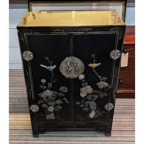 150 - CHINESE CABINET, Chinoiserie polychrome decoration on a  black lacquered ground, gilt detail, silver... 