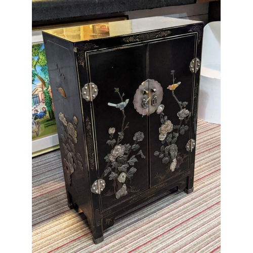 150 - CHINESE CABINET, Chinoiserie polychrome decoration on a  black lacquered ground, gilt detail, silver... 