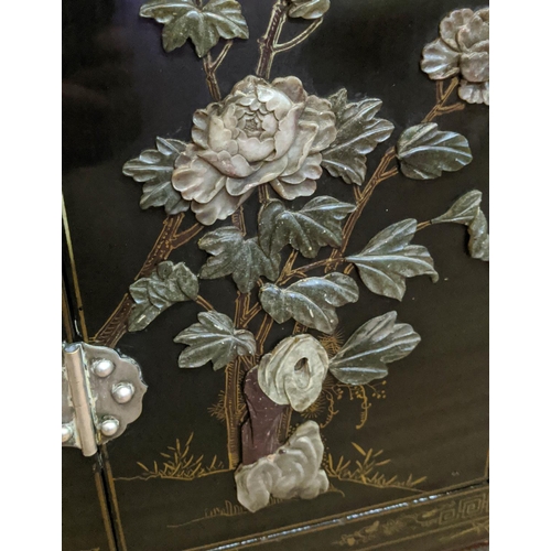 150 - CHINESE CABINET, Chinoiserie polychrome decoration on a  black lacquered ground, gilt detail, silver... 