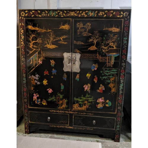 151 - MARRIAGE CABINET, Chinese lacquered and gilt decorated, with two doors over two drawers, 160cm H x 1... 