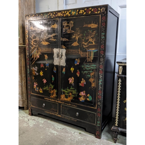 151 - MARRIAGE CABINET, Chinese lacquered and gilt decorated, with two doors over two drawers, 160cm H x 1... 