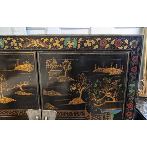 151 - MARRIAGE CABINET, Chinese lacquered and gilt decorated, with two doors over two drawers, 160cm H x 1... 