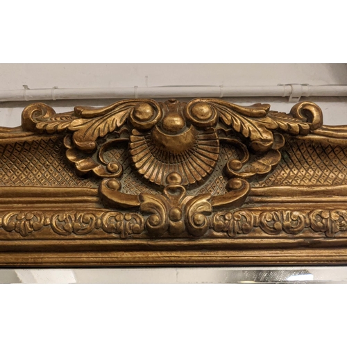 152 - LARGE WALL MIRROR, traditional gilt frame, bevelled edge glass, 146cm H x 230cm.