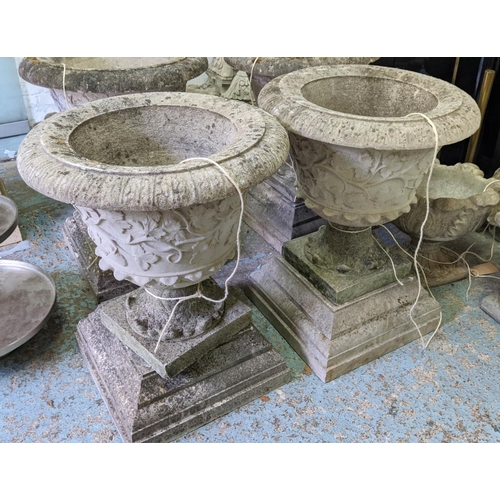 172 - GARDEN URNS, a pair, each 66cm W x 85cm H, in weathered reconstituted stone. (2)