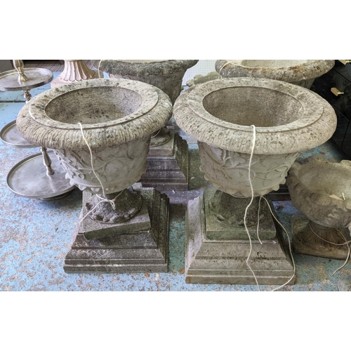 172 - GARDEN URNS, a pair, each 66cm W x 85cm H, in weathered reconstituted stone. (2)