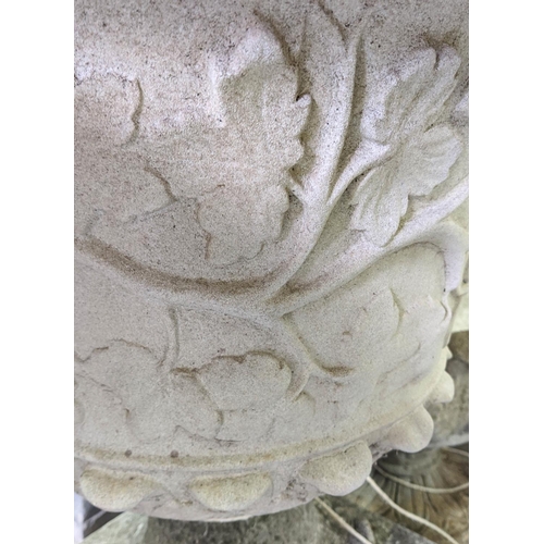 172 - GARDEN URNS, a pair, each 66cm W x 85cm H, in weathered reconstituted stone. (2)