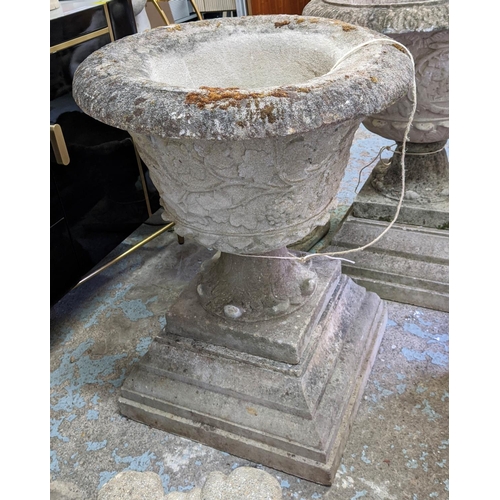 173 - GARDEN URNS, a pair, each 66cm W x 85cm H, in weathered reconstituted stone. (2)