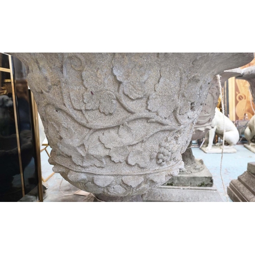 173 - GARDEN URNS, a pair, each 66cm W x 85cm H, in weathered reconstituted stone. (2)