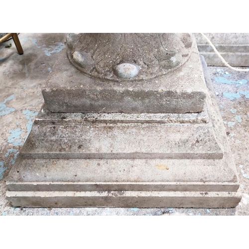 173 - GARDEN URNS, a pair, each 66cm W x 85cm H, in weathered reconstituted stone. (2)