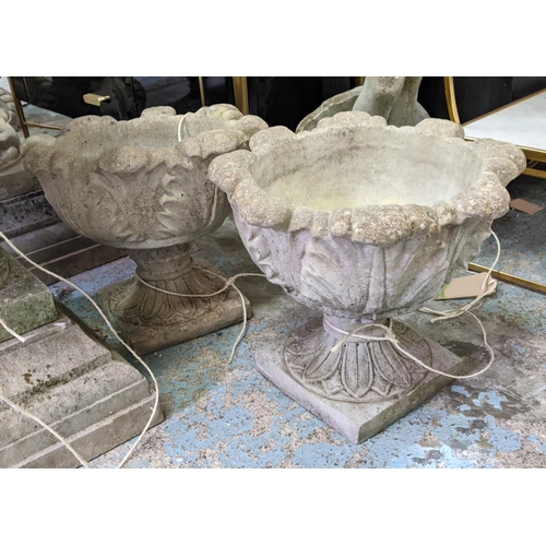 174 - GARDEN URNS, a pair, each 48cm x 44cm H, in reconstituted stone. (2)